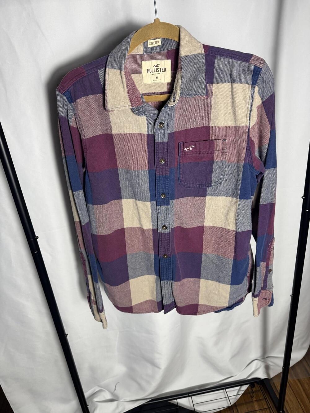 Hollister Shirt Mens Medium Multicolor Plaid Long Sleeve Button Up Stretch Twill